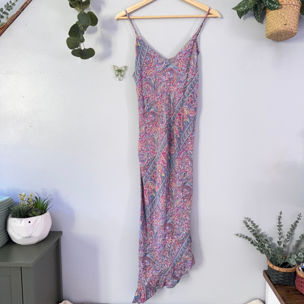 Vtg Rampage Slip Dress Y2K Fairy Hippie Paisley Pink Blue Asymmetrical Wmns 7